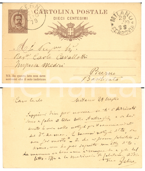1879 MILANO Cartolina Felice CAVALLOTTI per notizie di famiglia - AUTOGRAFO Cartolina postale autografa del celebre politico, inviata a Carlo Cavallotti a Picerno.Viaggiata.CONDIZIONI: G    originale e autentica 1