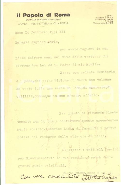 1934 IL POPOLO DI ROMA Lettera Attilio CREPAS su questioni familiari - AUTOGRAFO