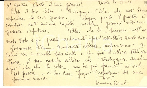1924 TRIESTE Erminia REALI a Carlo Saggio su "Il sogno e l'ala" - AUTOGRAFO