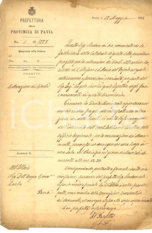 1895 PAVIA Lettera prefetto Leonardo GOTTI per collocazione antichi cimeli