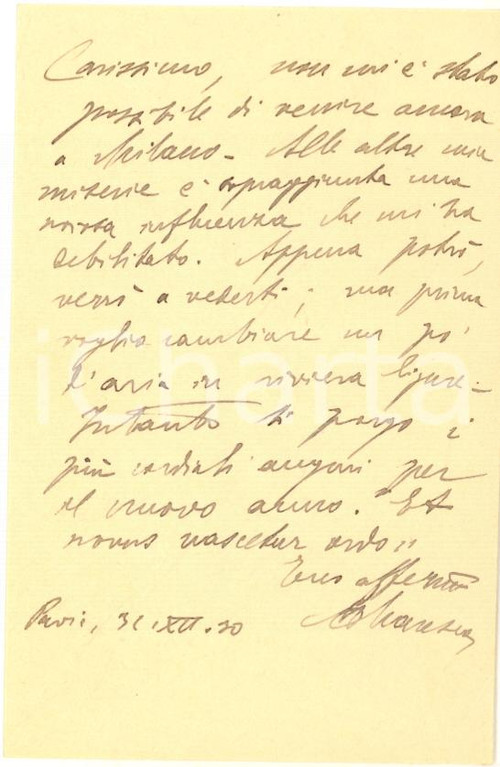 1930 PAVIA Biglietto Mariano MARESCA debilitato dall'influenza - AUTOGRAFO