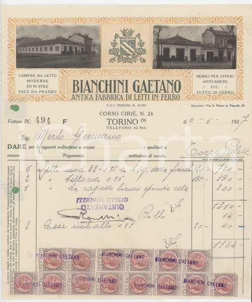 1927 TORINO Corso Ciriè 26 - Gaetano BIANCHINI Fabbrica letti in ferro - Fattura
