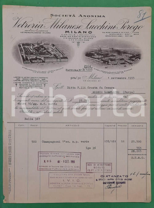 1955 MILANO Via Savona 61 S.A. LUCCHINI PEREGO  Vetreria Milanese - Fattura