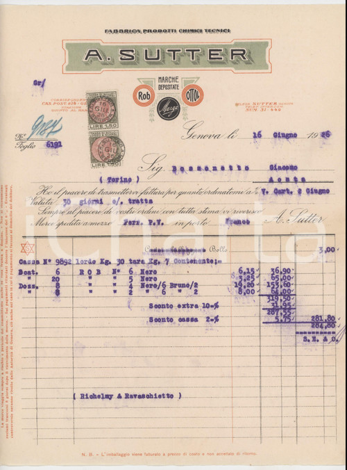 1926 GENOVA A. SUTTER Fabbrica prodotti chimici tecnici - Fattura commerciale