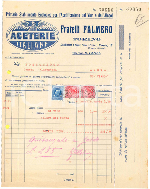 1931 TORINO Via Pietro Cossa 17 - Fratelli PALMERO Aceterie italiane - Fattura