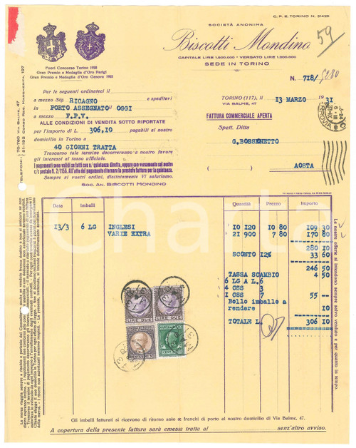 1931 TORINO Via Balme 47 - Soc. An. Biscotti MONDINO - Fattura commerciale (3)