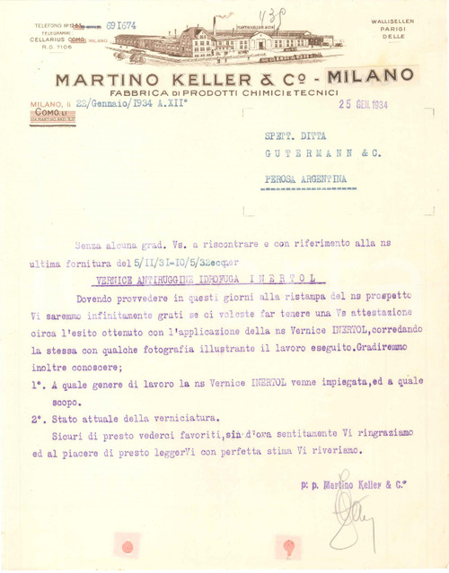 1934 MILANO - Martino KELLER & C. Fabbrica prodotti chimici e tecnici - Lettera