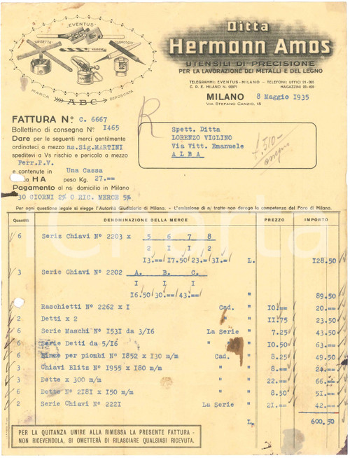 1935 MILANO Via Stefano Canzio 15 - Ditta HERMANN AMOS Utensili - Fattura (2)