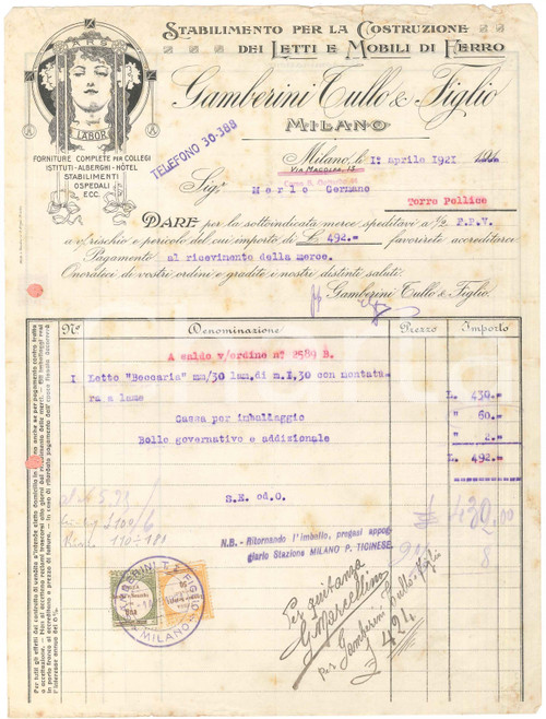 1921 MILANO Via Magolfa 13 - Tullo GAMBERINI & Figlio Mobili di ferro - Fattura