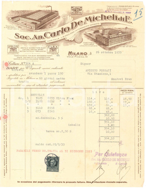 1933 MILANO V.le Piceno - Soc. An. Carlo DE MICHELI di E. - Fattura per bretelle