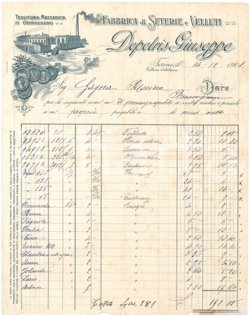 1908 TORINO Galleria Subalpina - Giuseppe DEPETRIS - Fabbrica seterie - Fattura Fattura commerciale d'epoca, manoscritta, su carta intestata illustrata.PAGINE: 1 FAIR/discreto piegature d'epoca, fori di affissione, gualciture e fioriture  originale e autentica 1