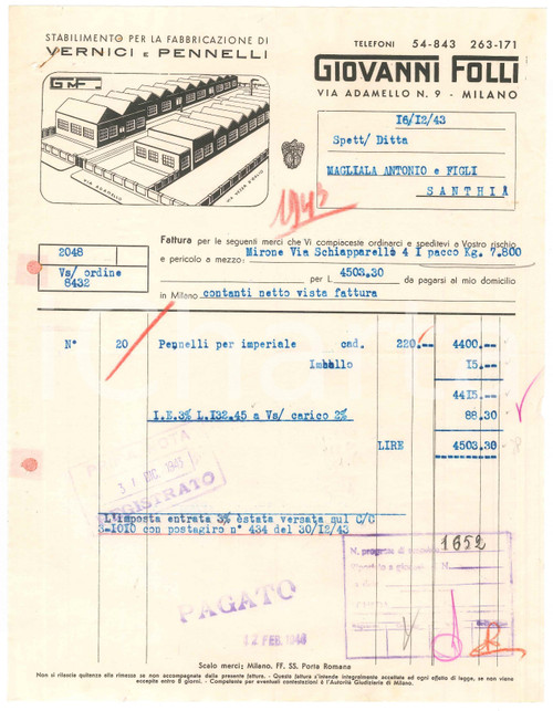 1943 MILANO Via Adamello 9 - Giovanni FOLLI Vernici e pennelli - Fattura