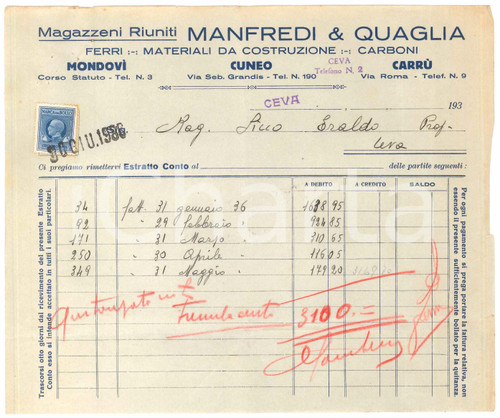 1936 CEVA - MANFREDI & QUAGLIA Materiali da costruzione - Fattura 23x19 cm