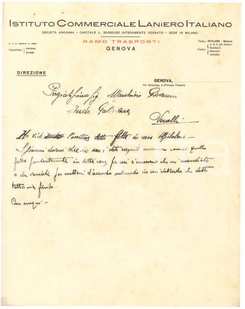1935 ca GENOVA Palazzo Fieschi - Istituto Commerciale Laniero Italiano *Lettera