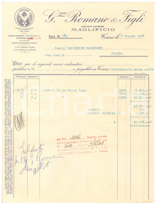1948 TORINO Via Foscolo 4 - Giacomo ROMANO & Figli Maglificio - Fattura Fattura commerciale d'epoca dattiloscritta, su carta intestata.PAGINE: 1 FAIR/discreto piegature d'epoca Formato: 21x28 cm originale e autentica 1
