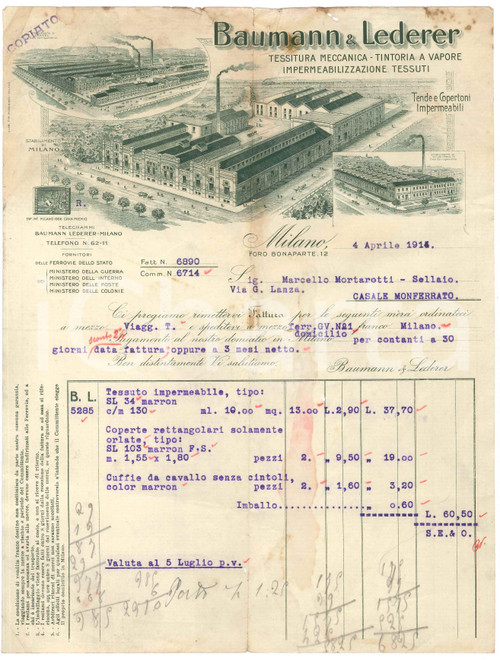 1914 MILANO Foro Bonaparte 12 - Tessitura BAUMANN & LEDERER Fattura 22x28 cm Fattura commerciale d'epoca dattiloscritta, su carta intestata.    VERY POOR/gravemente danneggiato piegature d'epoca, gualciture diffuse, bruniture, strappi al margine superiore, piegature agli angoli Formato: 22x28 cm originale e autentica 1