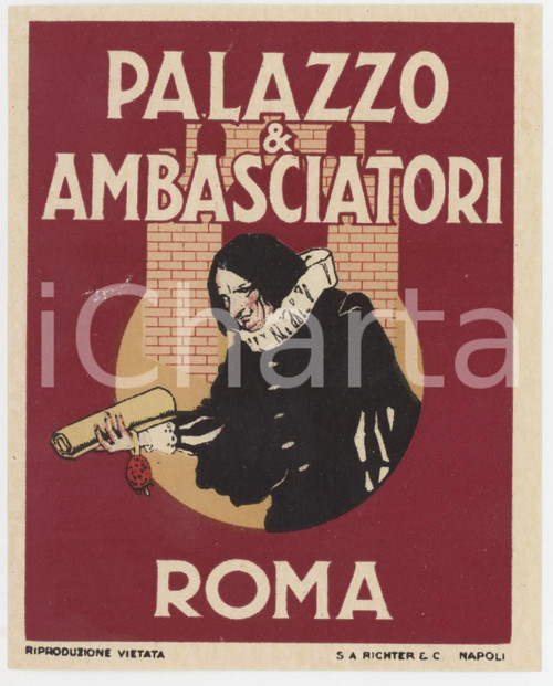 1940 ca ROMA Hotel Palazzo e Ambasciatori - Etichetta ILLUSTRATA 8x10 cm