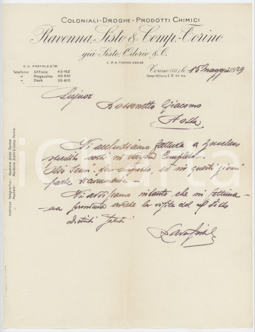 1929 TORINO C.so Vittorio Emanuele II - RAVENNA SISTO & Comp. - Lettera