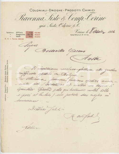1926 TORINO C.so Vittorio Emanuele II - RAVENNA SISTO & Comp. - Lettera (2) Lettera commerciale d'epoca manoscritta, su carta intestata.PAGINE: 1 FAIR/discreto piegature d'epoca Formato: 21x27 cm originale e autentica 1