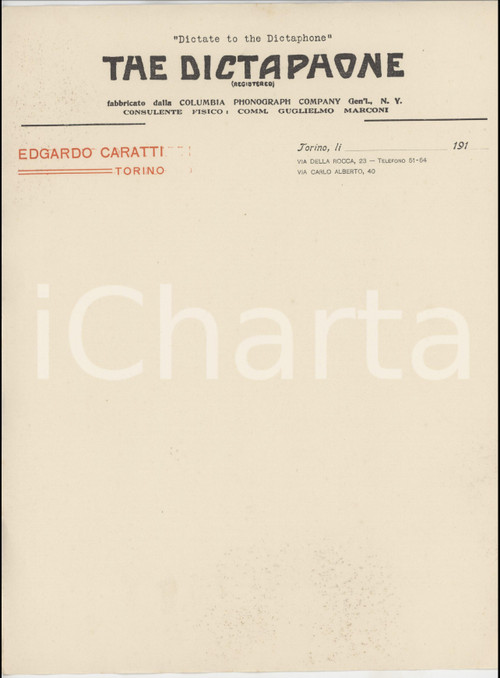 1910 ca TORINO Edgardo CARATTI The Dictaphone - Carta intestata 22x29 cm (1)