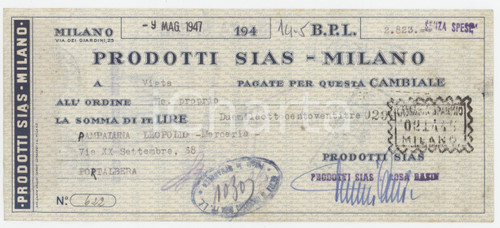 1947 MILANO via dei Giardini 25 - Prodotti SIAS - Cambiale pubblicitaria Cambiale pubblicitaria d'epoca.Presenti marche da bollo. FAIR/discreto piegature d'epoca; piccoli fori da spillatura; piccola macchia Formato: 21x9 cm originale e autentica 1