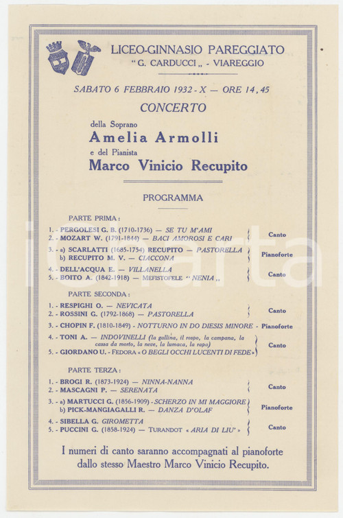 1932 VIAREGGIO Liceo CARDUCCI - Concerto Amelia ARMOLLI Marco Vinicio RECUPITO
