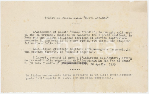 1955 MILANO Premio di poesia NUOVA ARCADIA - Bando di concorso