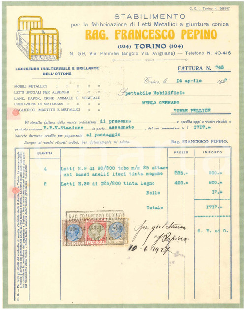 1927 TORINO Via Palmieri 59 - Rag. Francesco PEPINO Letti metallici *Fattura (2)