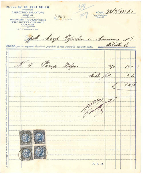1933 ACQUI TERME (AL) - Ditta G. B. GHIGLIA - Fattura per pompe FOLGORE