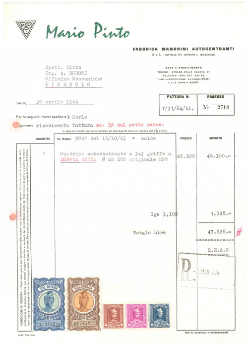 1964 TORINO Strada delle Caccie 21 - Mario PINTO Fabbrica mandrini - Fattura