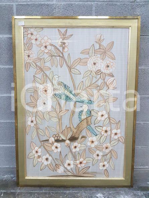 1975 CINA VINTAGE Uccelli piumaggio azzurro su rami fioriti - quadro 79 x 112 cm