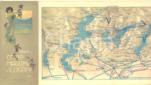 1914 LAGHI DI COMO, MAGGIORE E LUGANO Pieghevole con mappa e orari ill. CASTELLI  Raro pieghevole pubblicitario, con pregevole illustrazione a colori di V. Castelli.Il pieghevole contiene una mappa dell'area e gli orari dei servizi di trasporto (treni e battelli)CONDIZIONI: FAIR (piccoli strappi)FORMATO: 9x20 cm (chiuso)    originale e autentica 1