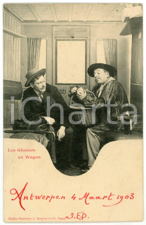 1903 HUMOUR Les gêneurs en wagon - Postcard A. BERGERET CPA (2)  Cartolina postale d'epoca, viaggiata da Anversa, appartenente alla celebre serie di Bergeret dedicata ai comportamenti che disturbano o imbarazzano in treno. GOOD/buono minime piegature angolari Formato: 9x14 cm originale e autentica 1