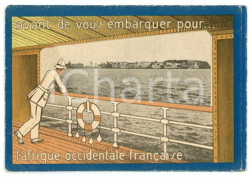 1950 ca AFRIQUE OCCIDENTALE FRANCAISE "Avant de vous embarquer" *Carnet dépliant  Carnet d&eacute;pliant pubblicitario, illustrato b/n e con prima pagina a finestra.Su 10 facciate complessive.CONDIZIONI: GFORMATO: 13x9 cm    originale e autentica 1