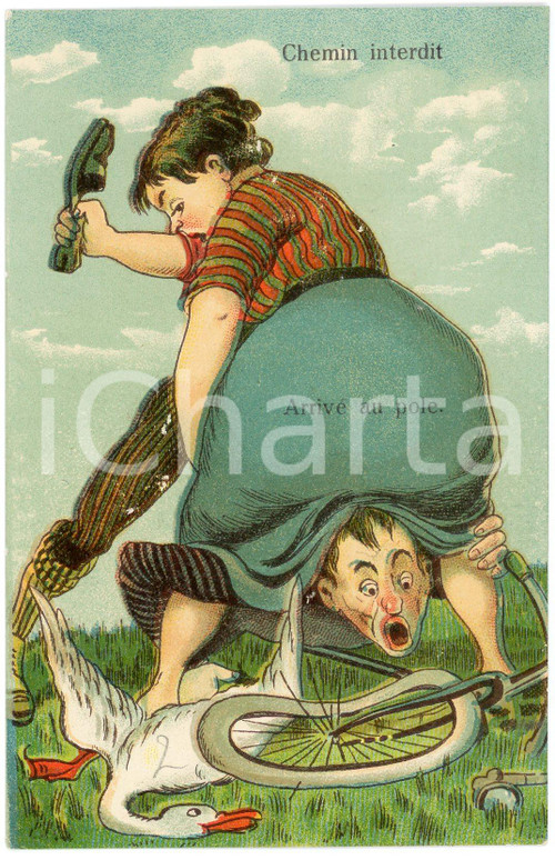 1910 ca FRANCE - HUMOUR Fat woman crushing a man ILLUSTRATED Postcard FP VG  Cartolina postale d'epoca, viaggiata.Al verso la scritta in francese "Chemin interdit - Arriv&eacute; au pole".CONDIZIONI: FAIR (affrancatura rimossa)FORMATO: FP    originale e autentica 1