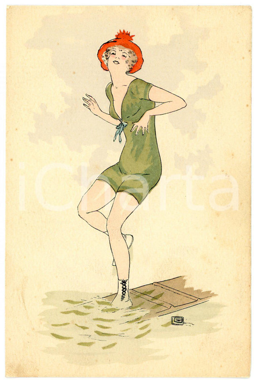1920 ca Artiste Georges LEONNEC - Baigneuse - Carte postale illustrée CPA  Cartolina postale d'epoca, non viaggiata.CONDIZIONI: FAIR (piegature angolari)FORMATO: FP    originale e autentica 1