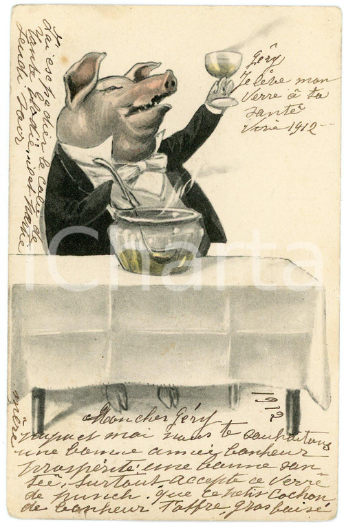 1912 ANIMALS Pig drinking punch ANTHROPOMORPHIC Postcard FP VG  Cartolina postale d'epoca, viaggiata. POOR/danneggiato Lievi smussature agli angoli Formato: FP originale e autentica 1