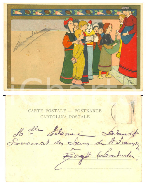1900 ca BELGIQUE Aumône au chœur - Postcard Lith. O. De Rycker & Mendel  Cartolina postale d'epoca, illustrata, viaggiata (francobollo asportato).CONDIZIONI: P (piegature angolari e abrasione in corrispondenza dell'asportazione del francobollo)FORMATO: FP    originale e autentica 1