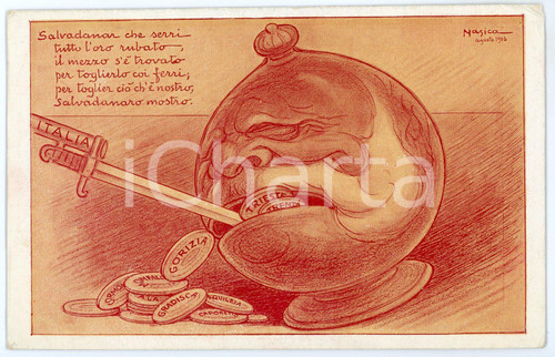 1916 WW1 Artista NASICA Augusto MAJANI Salvadanaio TRENTO e TRIESTE Cartolina FP  Cartolina d'epoca, non viaggiata. FAIR/discreto Lievi smussature agli angoli, piegature all'angolo superiore destro Formato: FP originale e autentica 1