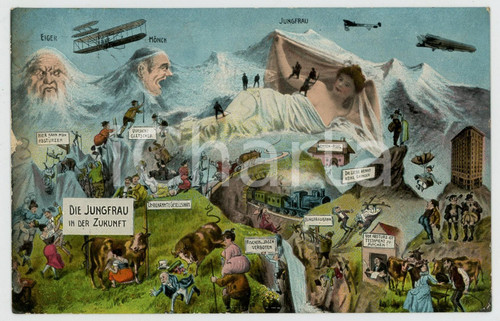 1913 SURREALISM Die JUNGFRAU in der Zukunft - Metamorphic Mountains *Postcard  Cartolina postale d'epoca, viaggiata. FAIR/discreto sbrecciatura al lato sinistro Formato: 14x9 cm originale e autentica 1