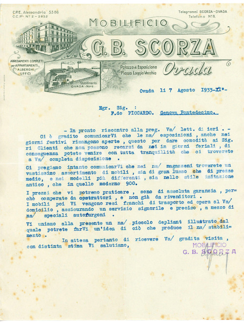 1933 OVADA (AL) G. B. SCORZA - Mobilificio - Lettera commerciale Lettera commerciale d'epoca, dattiloscritta, su carta intestata illustrata.CONDIZIONI: F (piegature d'epoca, fioriture) PAGINE: 1    originale e autentica 1