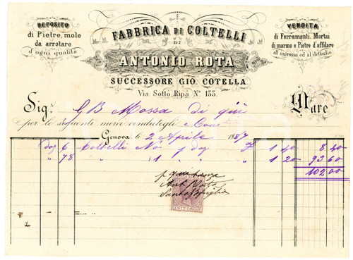 1887 GENOVA - Antonio ROTA Succ. Gio. COTELLA - Fabbrica di coltelli - Fattura Fattura commerciale d'epoca, manoscritta, su carta intestata.Genova - via Sotto Ripa n. 133Presente marca da bollo.CONDIZIONI: F (piegature d'epoca)PAGINE: 1    originale e autentica 1