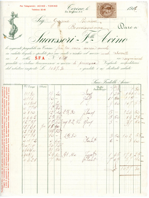 1916 TORINO -  Fratelli ACINO via Brofferio 3 - Stoffe - Fattura Fattura commerciale d'epoca, a stampa con inserti manoscritti, su carta intestata illustrata.Torino - via Brofferio n.3Presente marca da bollo.CONDIZIONI: P (piegature d'epoca, piccoli fori con tracce di ruggine al lato sinistro, segno nella parte superiore)PAGINE: 1    originale e autentica 1