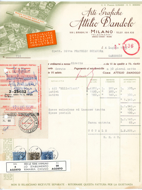 1956 MILANO - Attilio DANDOLO - Arti grafiche via L. Biraghi 14 - Fattura Fattura commerciale d'epoca, dattiloscritta, su carta intestata illustrata, in allegato ricevuta di versamento.CONDIZIONI: P (piegature d'epoca, fori da classificatore al margine sinistro, piccoli strappi al lato superiore e inferiore)PAGINE: 1    originale e autentica 1