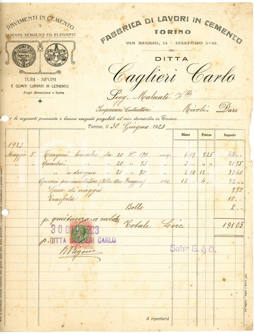 1923 TORINO - Carlo CAGLIERI via Reggio 13 - Lavori in cemento  - Fattura Fattura commerciale d'epoca, a stampa con inserti manoscritti, su carta intestata illustrata.CONDIZIONI: VP (piegature d'epoca, fori da classificatore al lato sinistro, mancanze al lato destro, fioriture)PAGINE: 1    originale e autentica 1