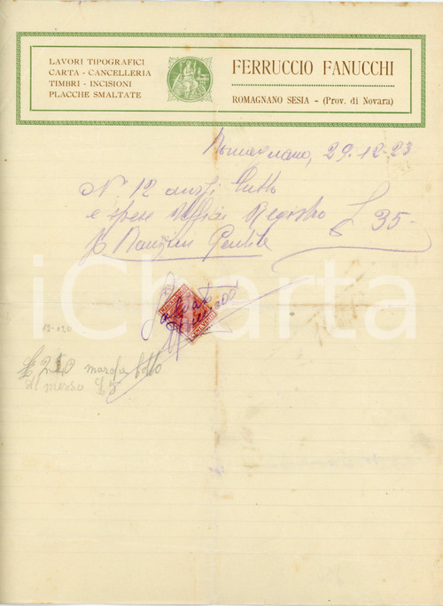 1923 ROMAGNANO SESIA (NO) Ferruccio FANUCCHI - Tipografia, cancelleria *Fattura Fattura commerciale d'epoca, manoscritta, su carta intestata illustrata.CONDIZIONI: P (piegature d'epoca, lieve ingiallimento lungo la linea di piegatura, piccoli strappi ai lati)PAGINE: 1   originale e autentica 1