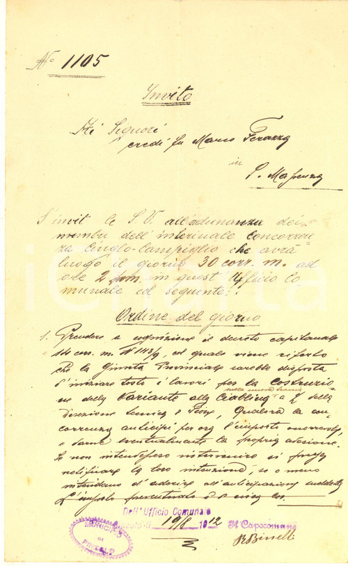 1912 PINZOLO (TN) Invito per adunanza su strada CINGLO-CAMPIGLIO Documento originale d'epoca.PAGINE: 1 FAIR/discreto piegature d'epoca Formato: 21x34 cm originale e autentica 1