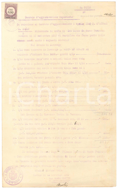 1920 BOCENAGO (TN) Decreto aggiudicazione - Stabili defunto don Bruno FERRAZZA Documento d'epoca, con bollo da Lire 0,50.PAGINE: 4 facciate (2 bianche) FAIR/discreto piegature d'epoca Formato: 21x34 cm originale e autentica 1