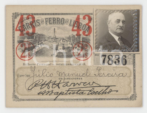 1915 ca LISBOA Companhia Carris de Ferro - Bilhete pessoal 10x7 cm Tessera d'epoca.  FAIR/discreto Lievi smussature agli angoli Formato: 10x7 cm originale e autentica 1