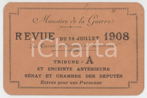 1908 LONGCHAMP Ministère de la Guerre - Revue au Champ de courses - Biglietto Biglietto d'epoca.  FAIR/discreto Residui di nastro adesivo al verso Formato: 11x7 cm originale e autentica 1